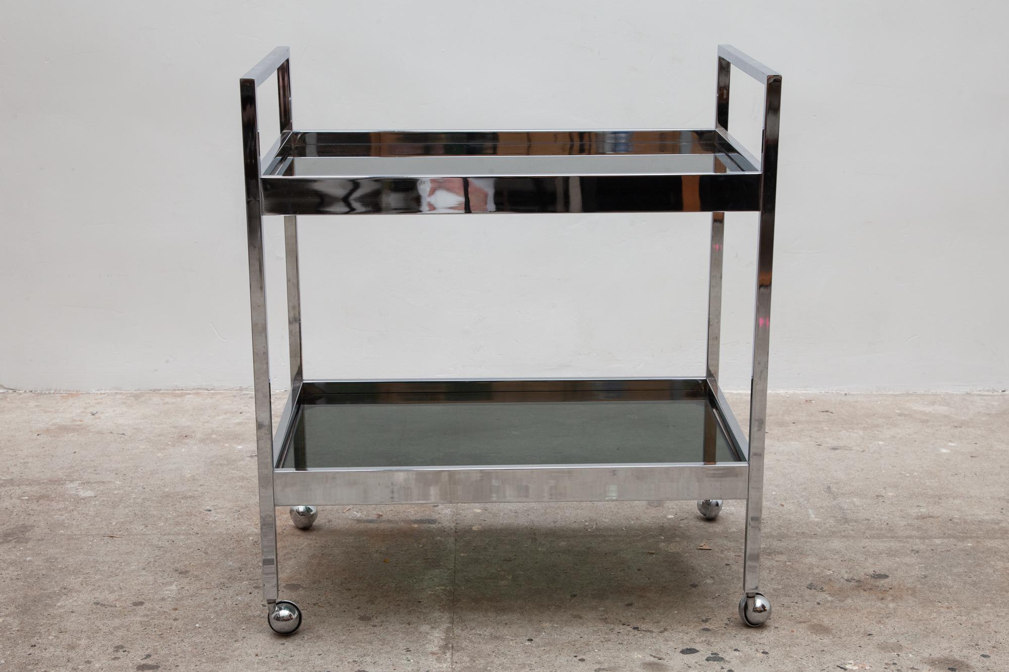 Minimalist Chrome Bar-cart, Smoked Glass, Belgo Chrome, Belgium, 1970s For Sale 2