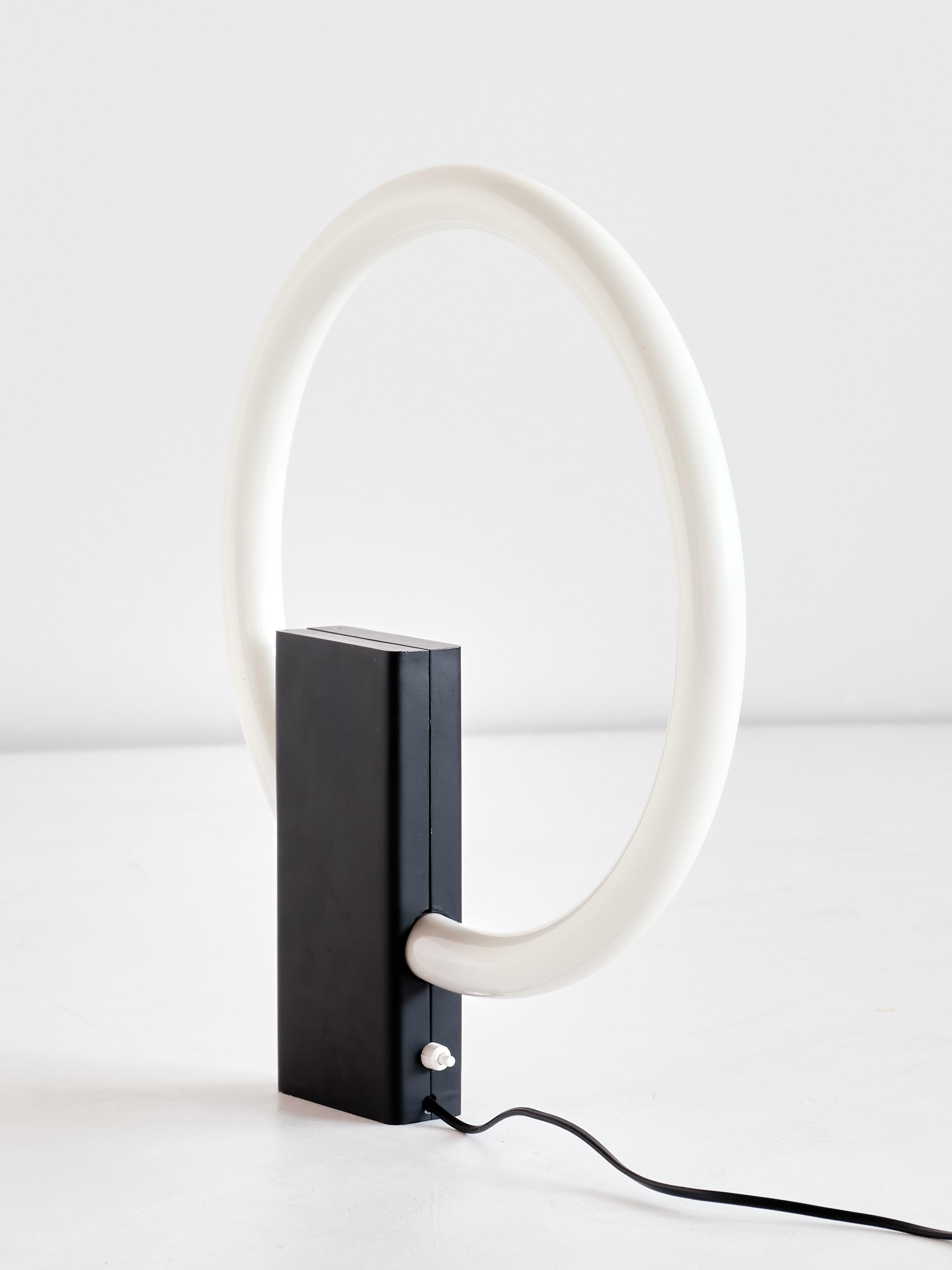 Dutch Minimalist Circular Tube Table Lamp with Black Steel Base, Netherlands, 1970s For Sale