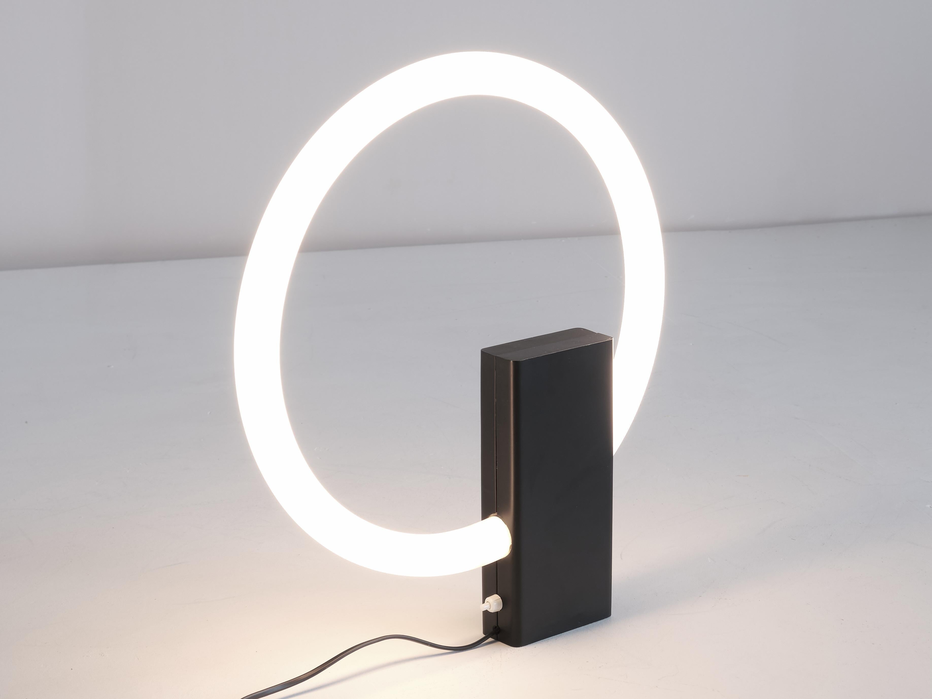 Late 20th Century Minimalist Circular Tube Table Lamp with Black Steel Base, Netherlands, 1970s For Sale