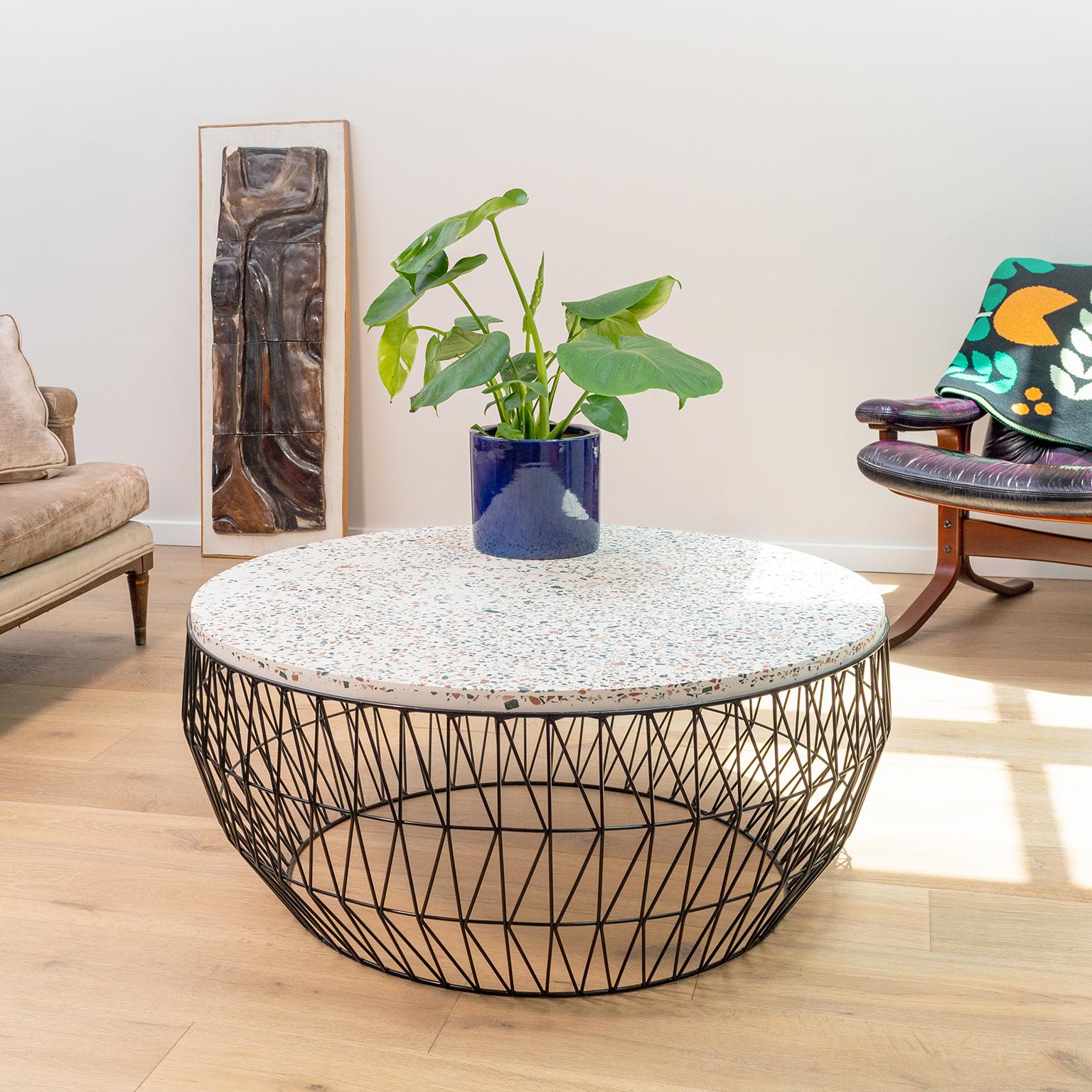 Unknown Minimalist Coffee Table, Wire Center Table in Black with Terrazzo