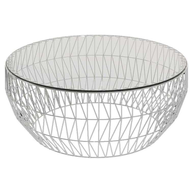 Minimalist Coffee Table, Wire Center Table in Chrome with Clear Glass For Sale