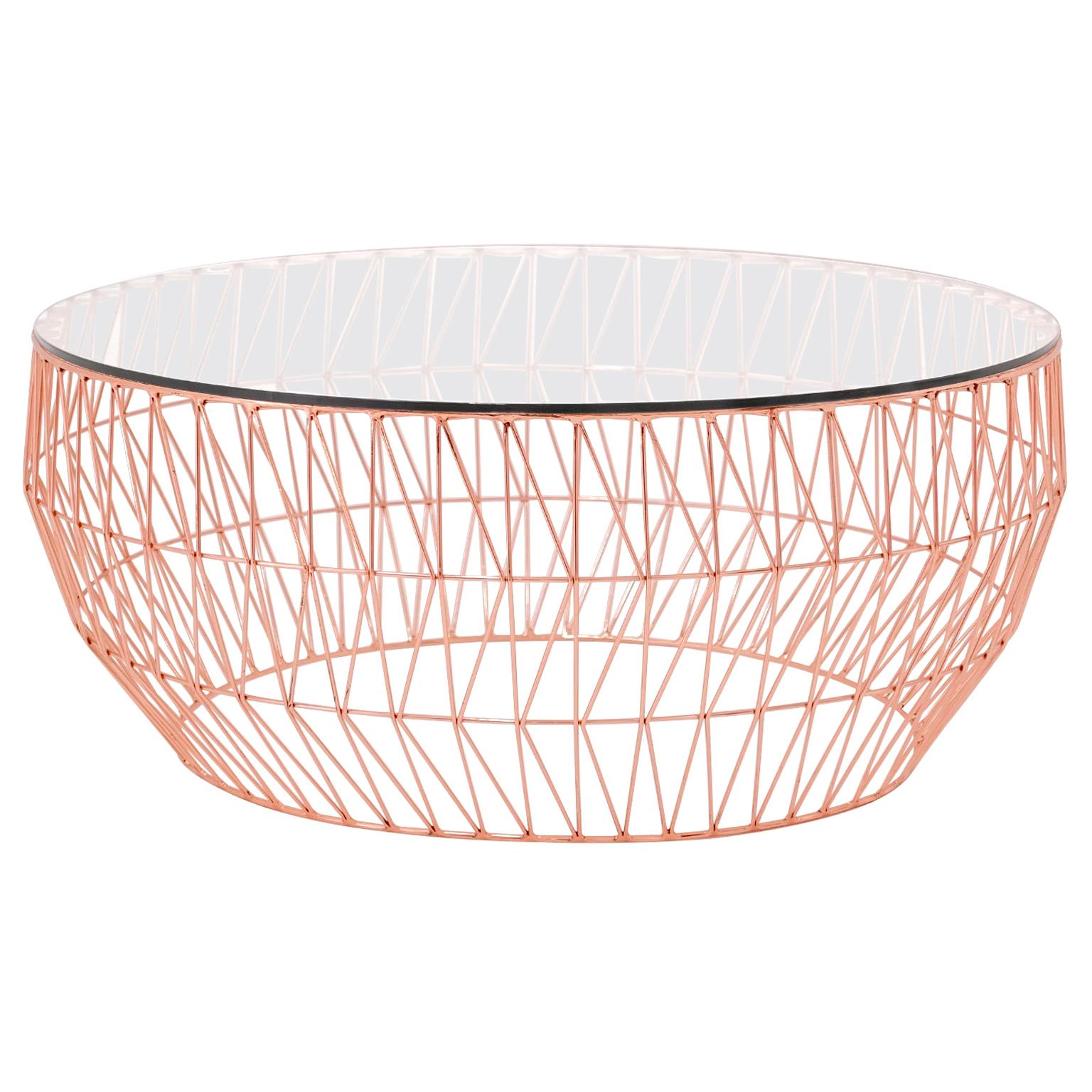 Minimalist Coffee Table, Wire Center Table in Copper with Clear Glass