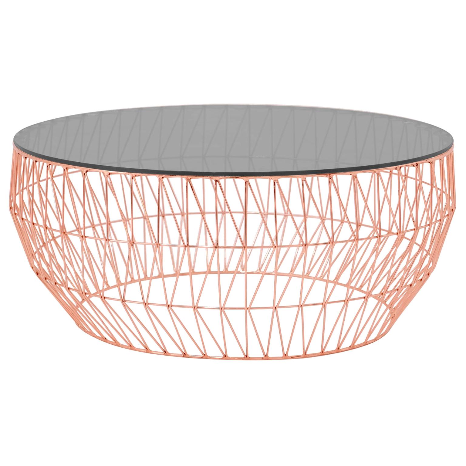 Minimalist Coffee Table, Wire Center Table in Copper with Smoked Glass