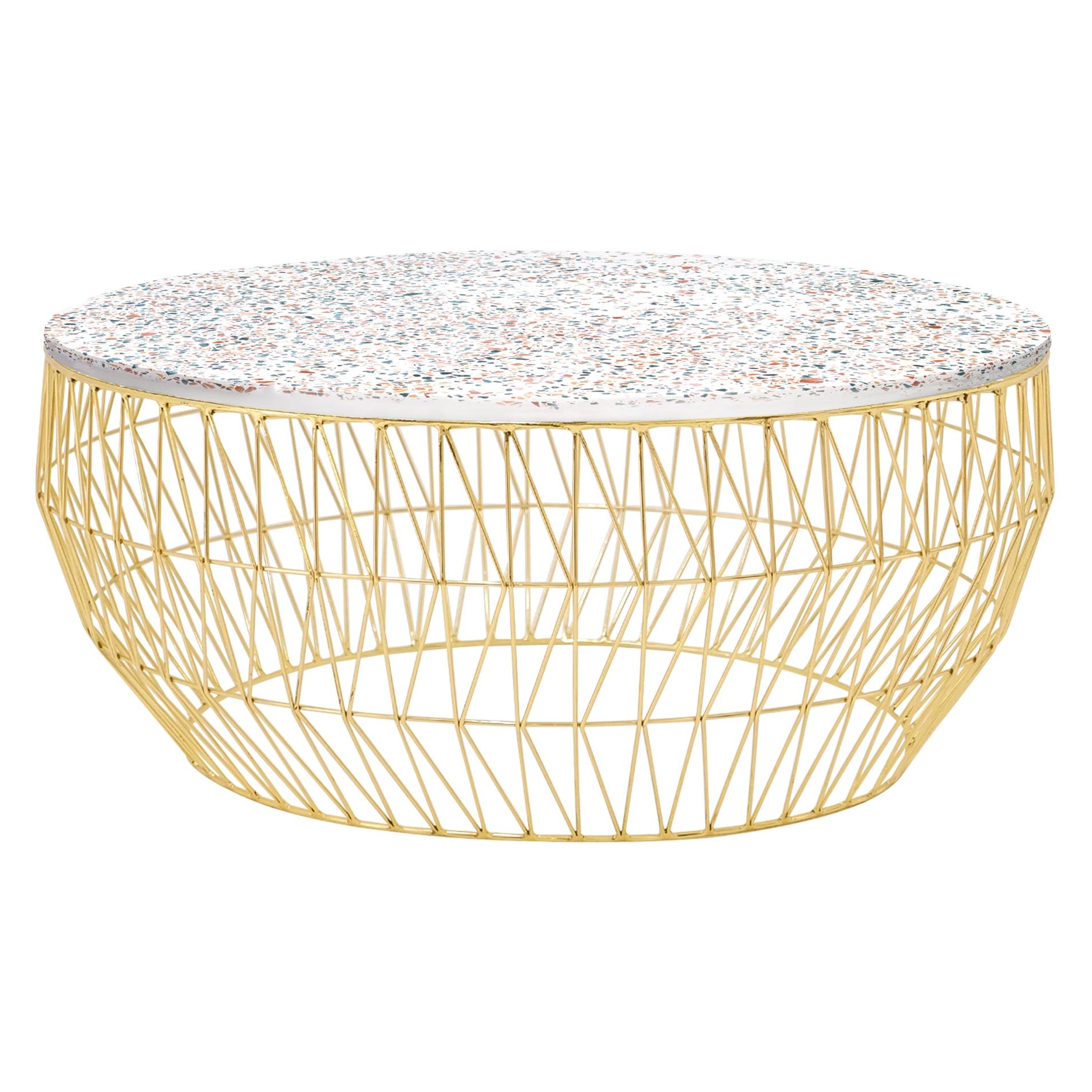 Minimalist Coffee Table, Wire Center Table in Gold with Terrazzo