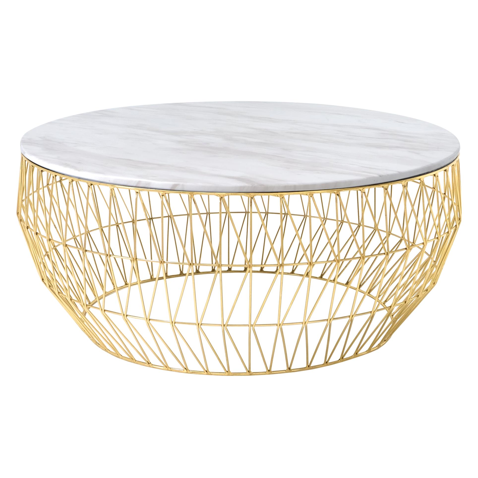 Minimalist Coffee Table, Wire Center Table in White with White Marble