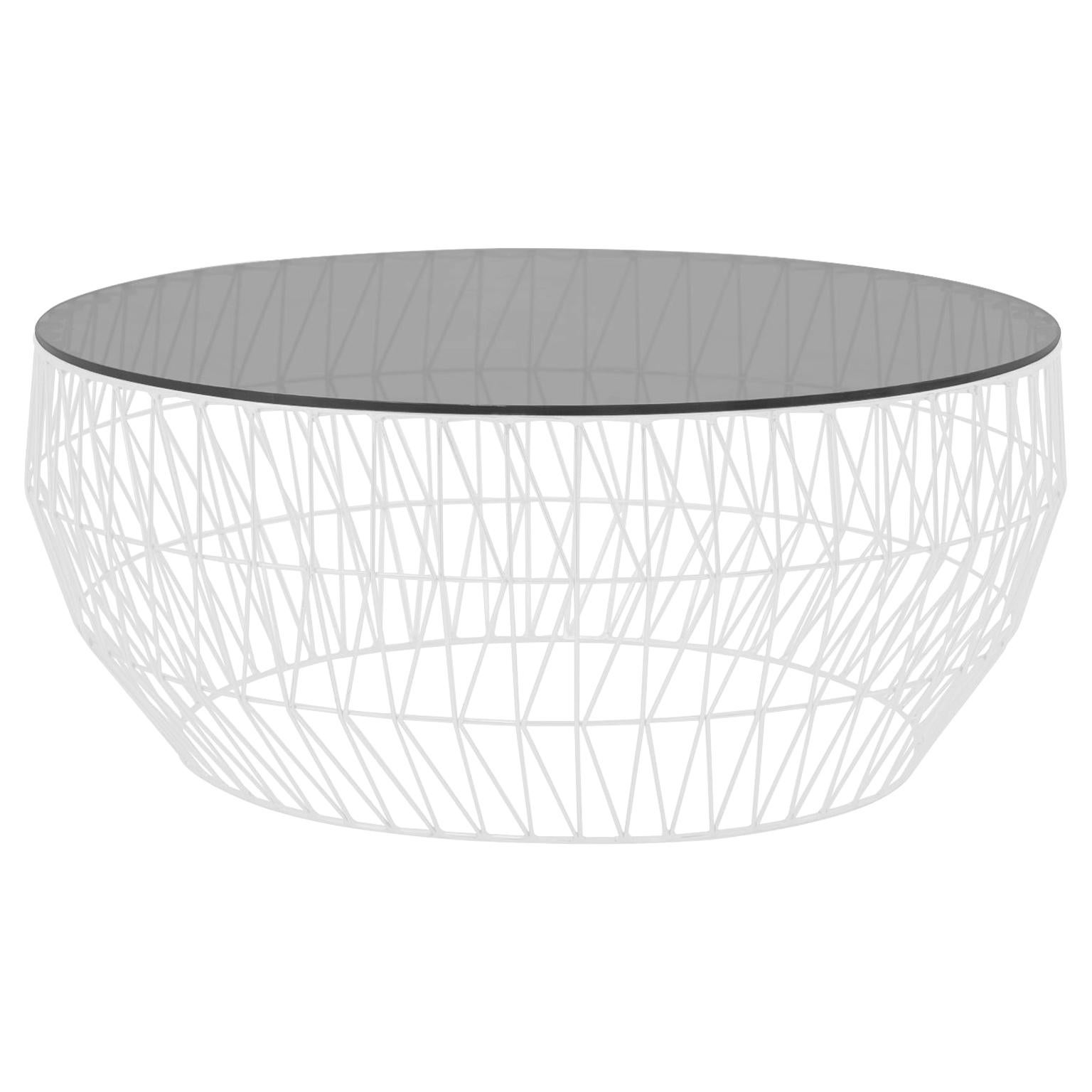 Minimalist Coffee Table, Wire Center Table in White with Smoked Glass