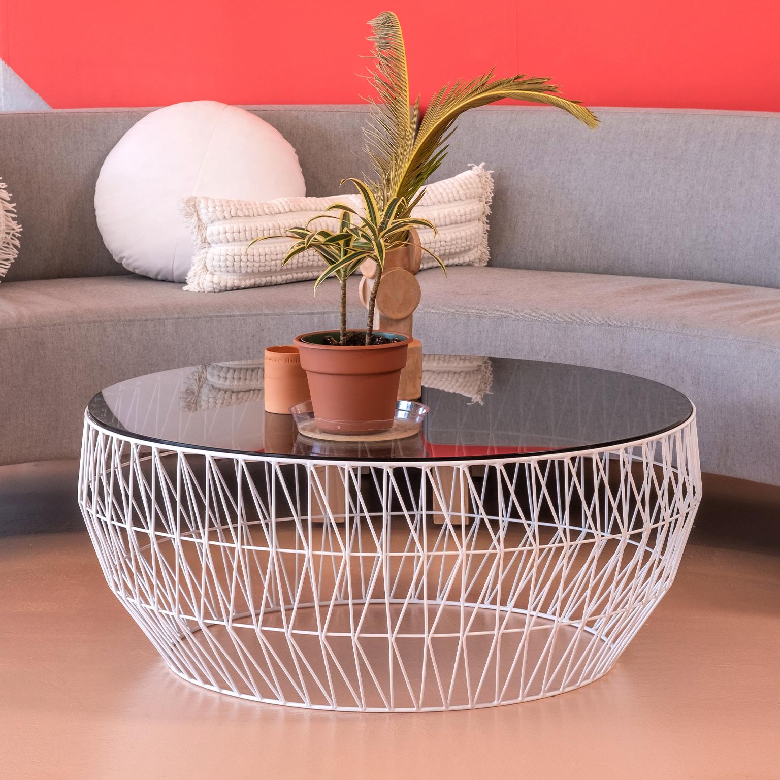 Modern Minimalist Coffee Table, Wire Center Table in White with Terrazzo