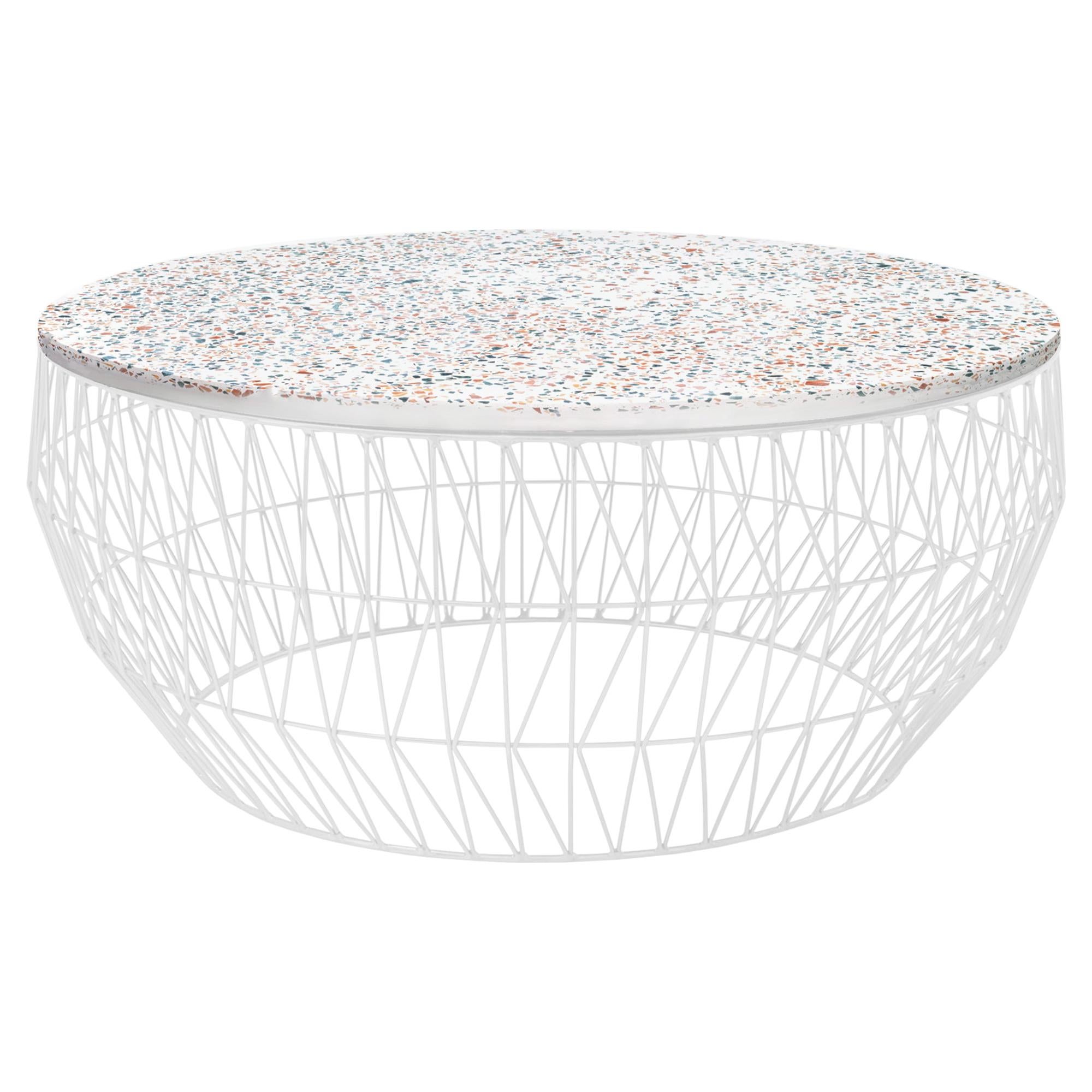 Minimalist Coffee Table, Wire Center Table in White with Terrazzo