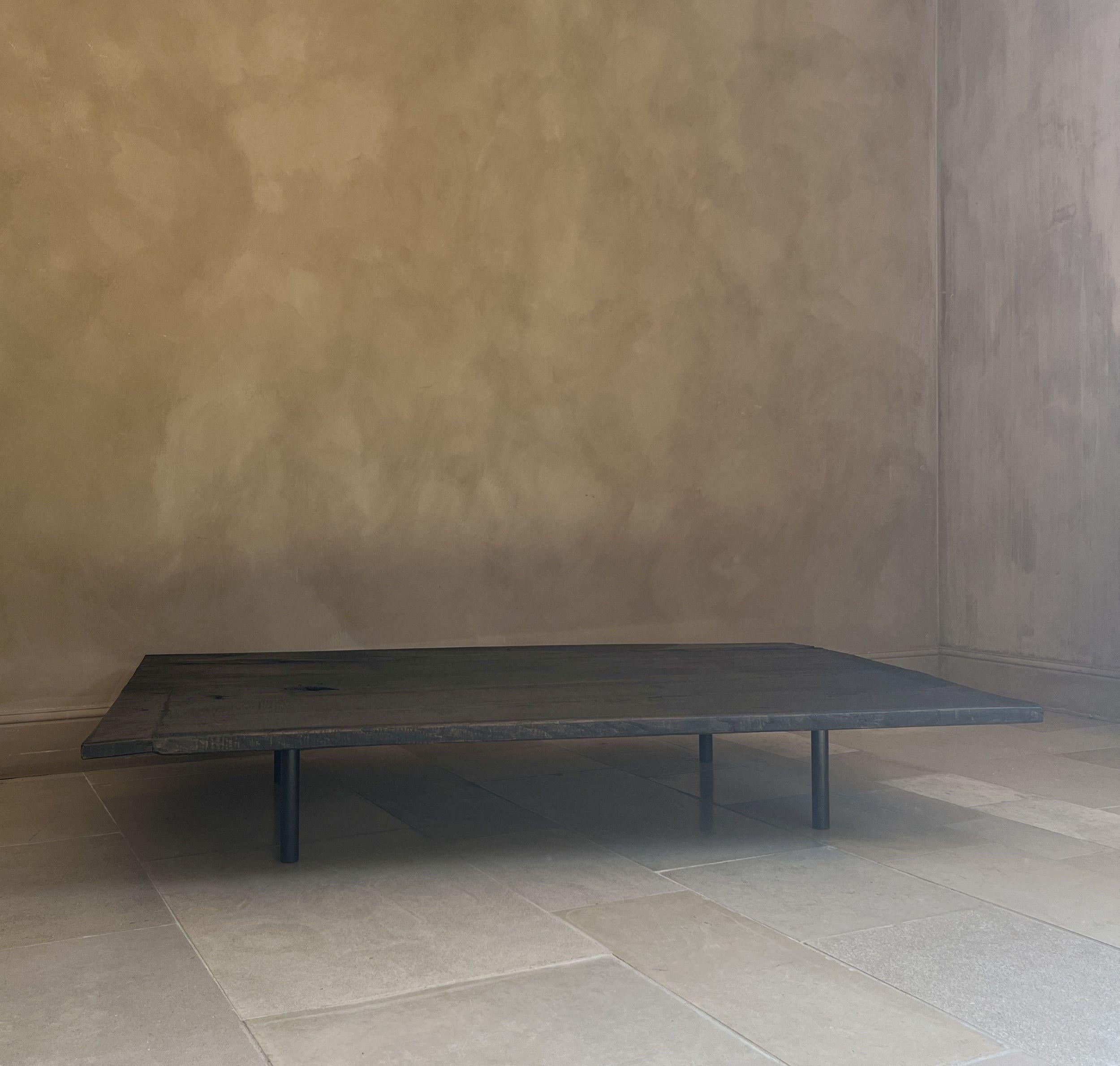 Belgian Minimalist coffeetable with 18th century reclaimed dark walnut For Sale