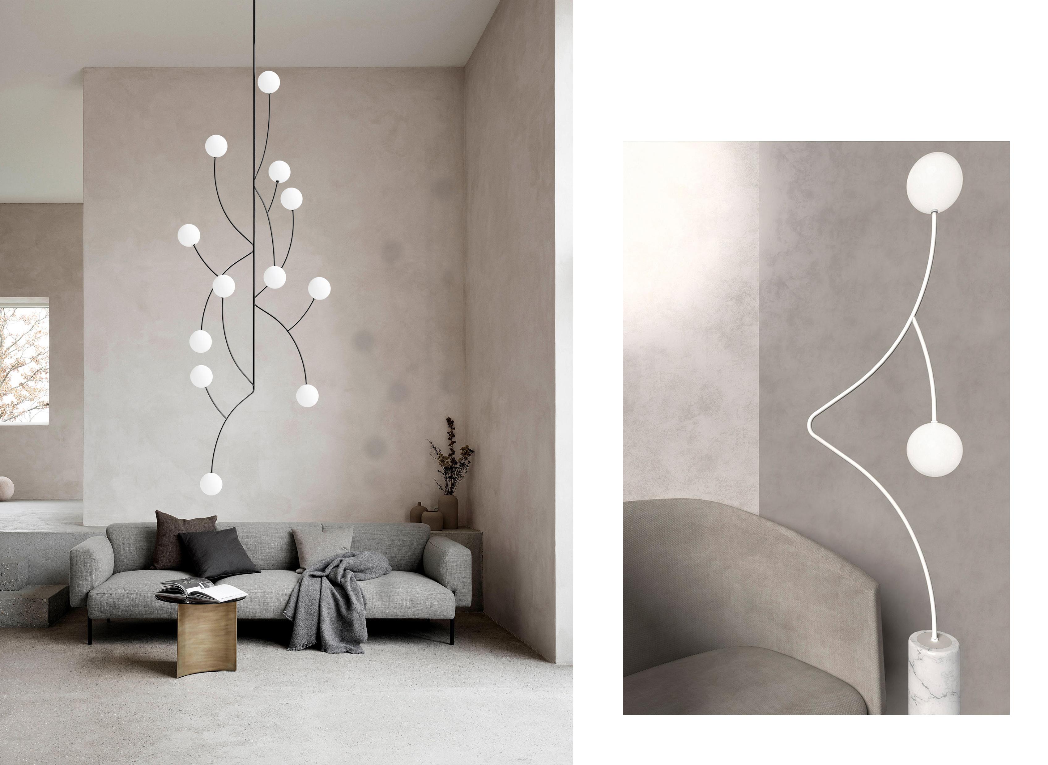 Contemporary  Minimalist Collectible Bespoke Pendant Chandelier with Multiple Opaque Spheres For Sale