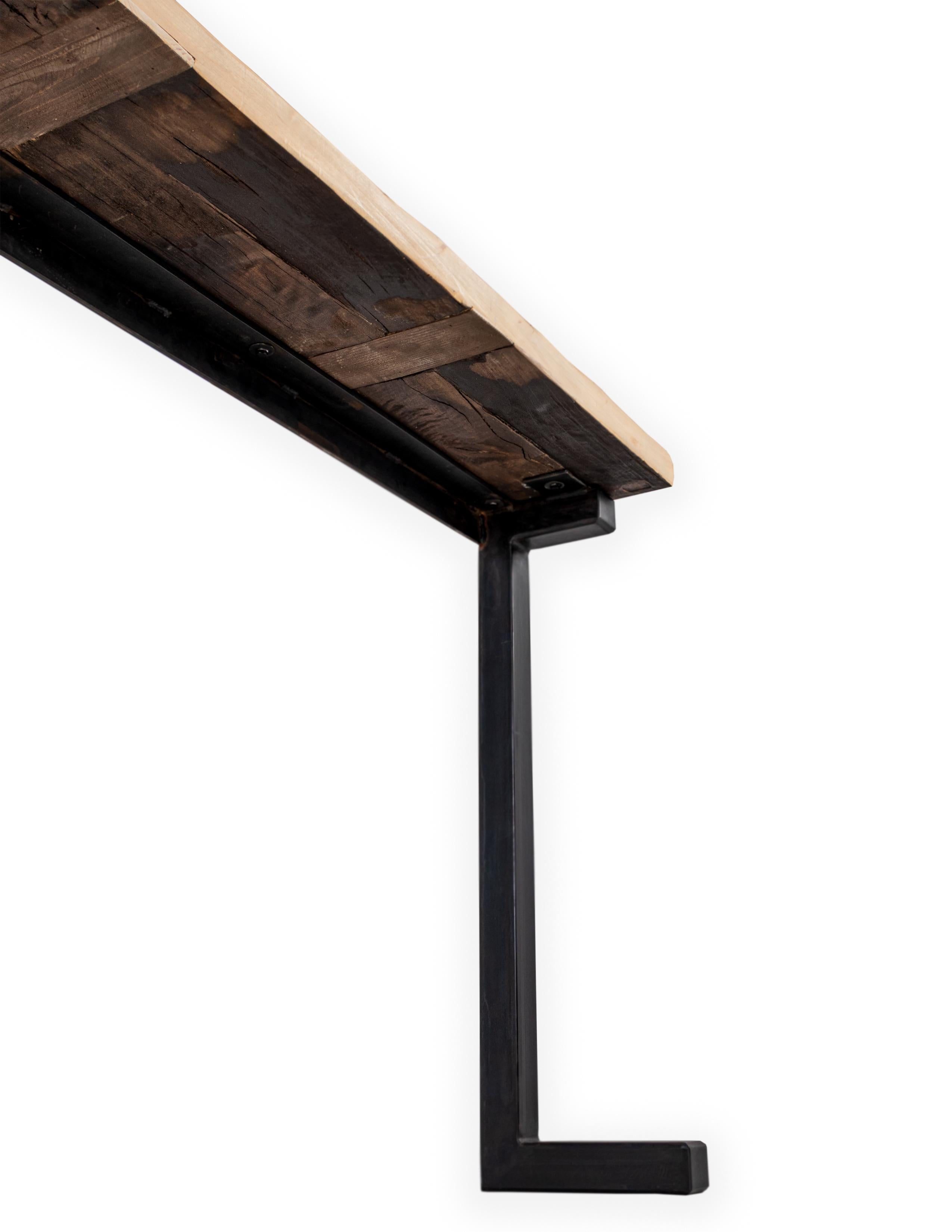 Organic Modern Minimalist Console with a Reclaimed Bleached Elm Top and a Ebony Patina Steel Ba