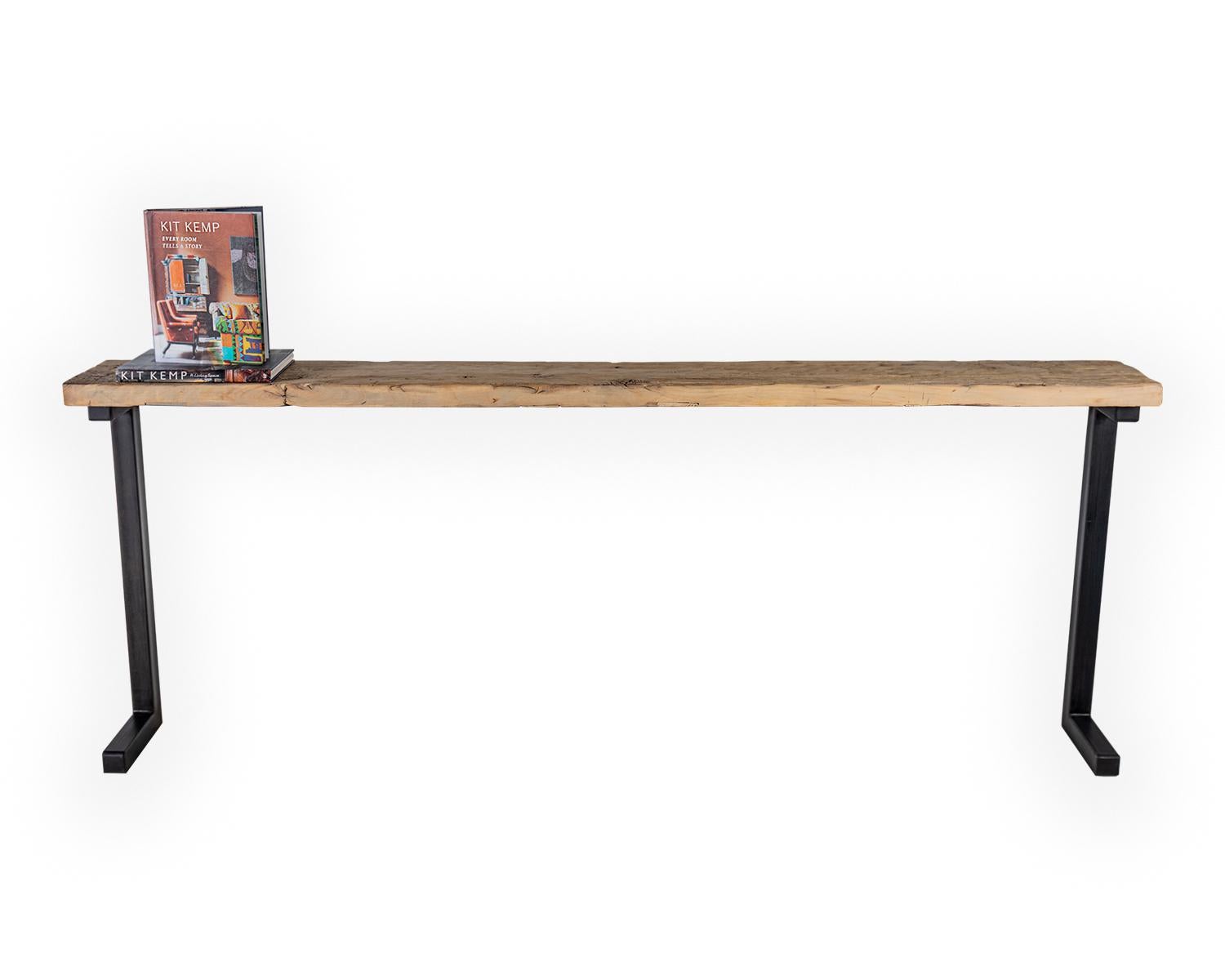 Contemporary Minimalist Console with a Reclaimed Bleached Elm Top and a Ebony Patina Steel Ba
