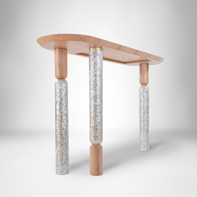 Modern Minimalist Console with Hand-Laid Mother-of-Pearl/ Nacre Legs and Oak Top For Sale