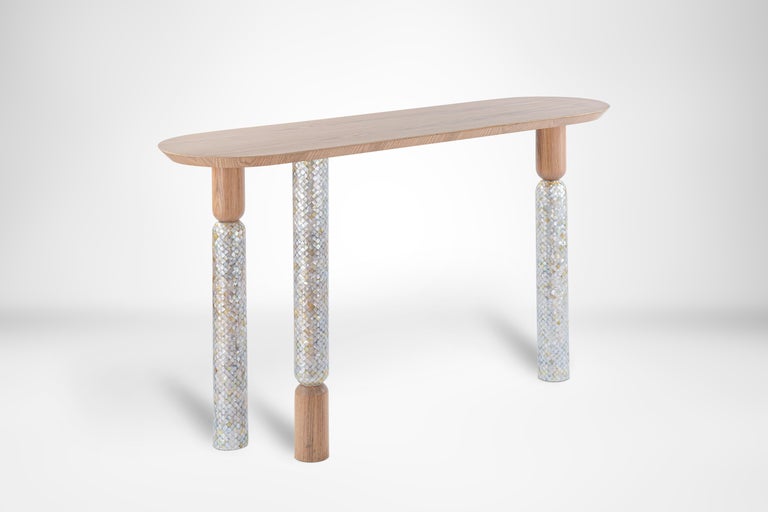 Egyptian Minimalist Console with Hand-Laid Mother-of-Pearl/ Nacre Legs and Oak Top For Sale
