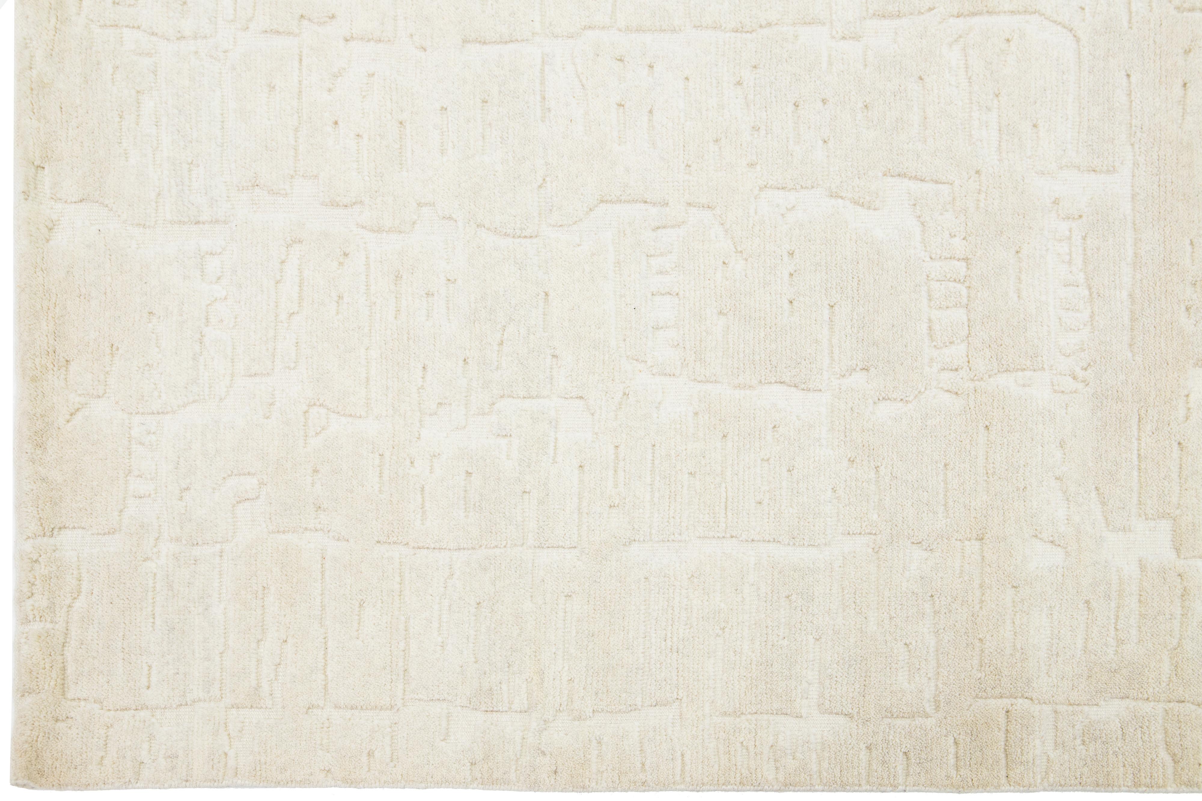 Minimalist Contemporary Moroccan Style Wool Rug In ivory by Apadana  In New Condition For Sale In Norwalk, CT