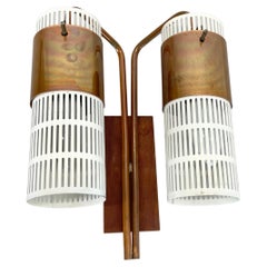 minimalist copper and teak tube hole pattern Wall Light, Denmark, 1970s