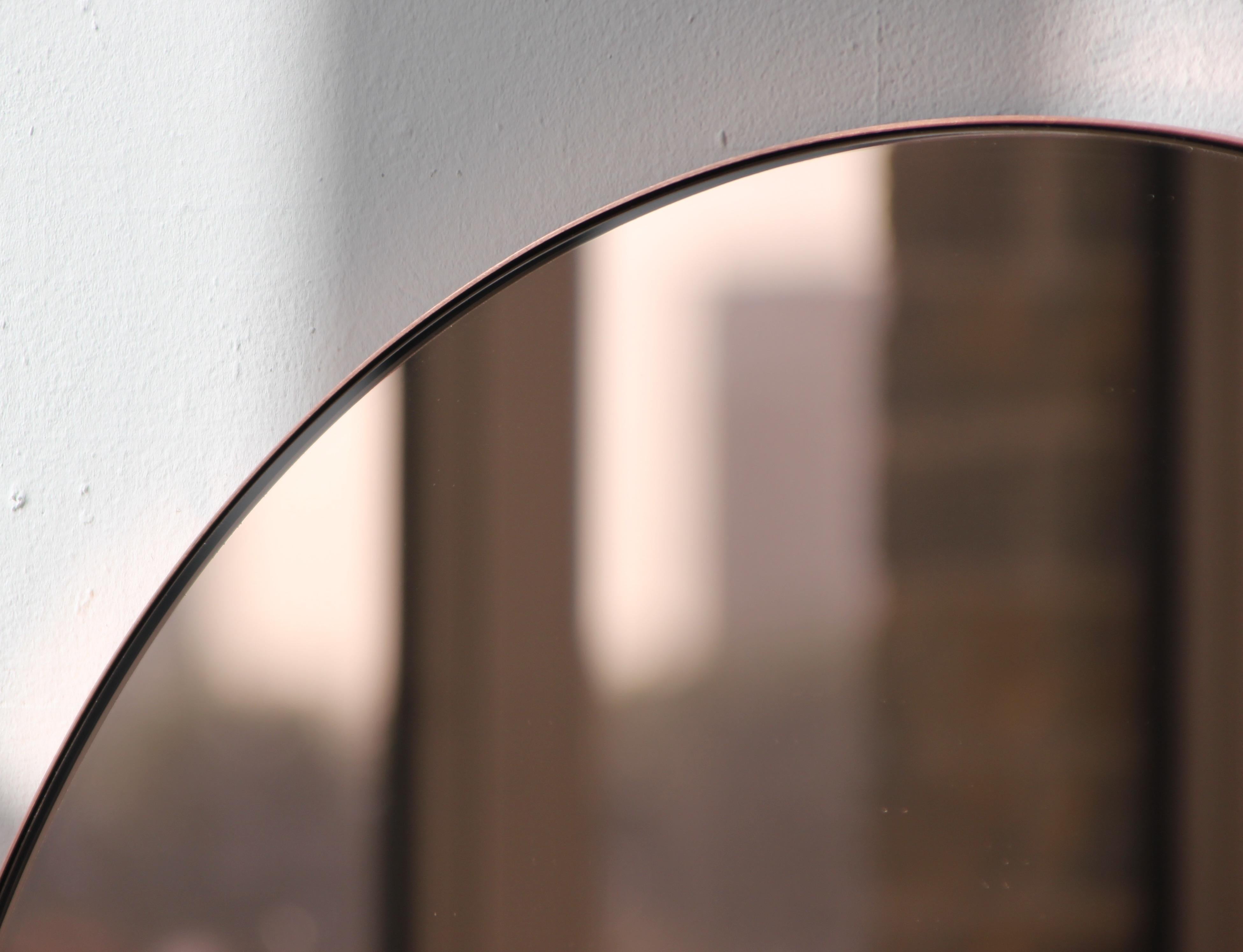 Contemporary Orbis Rose Gold Tinted Round Minimalist Mirror with Copper Frame, Small For Sale