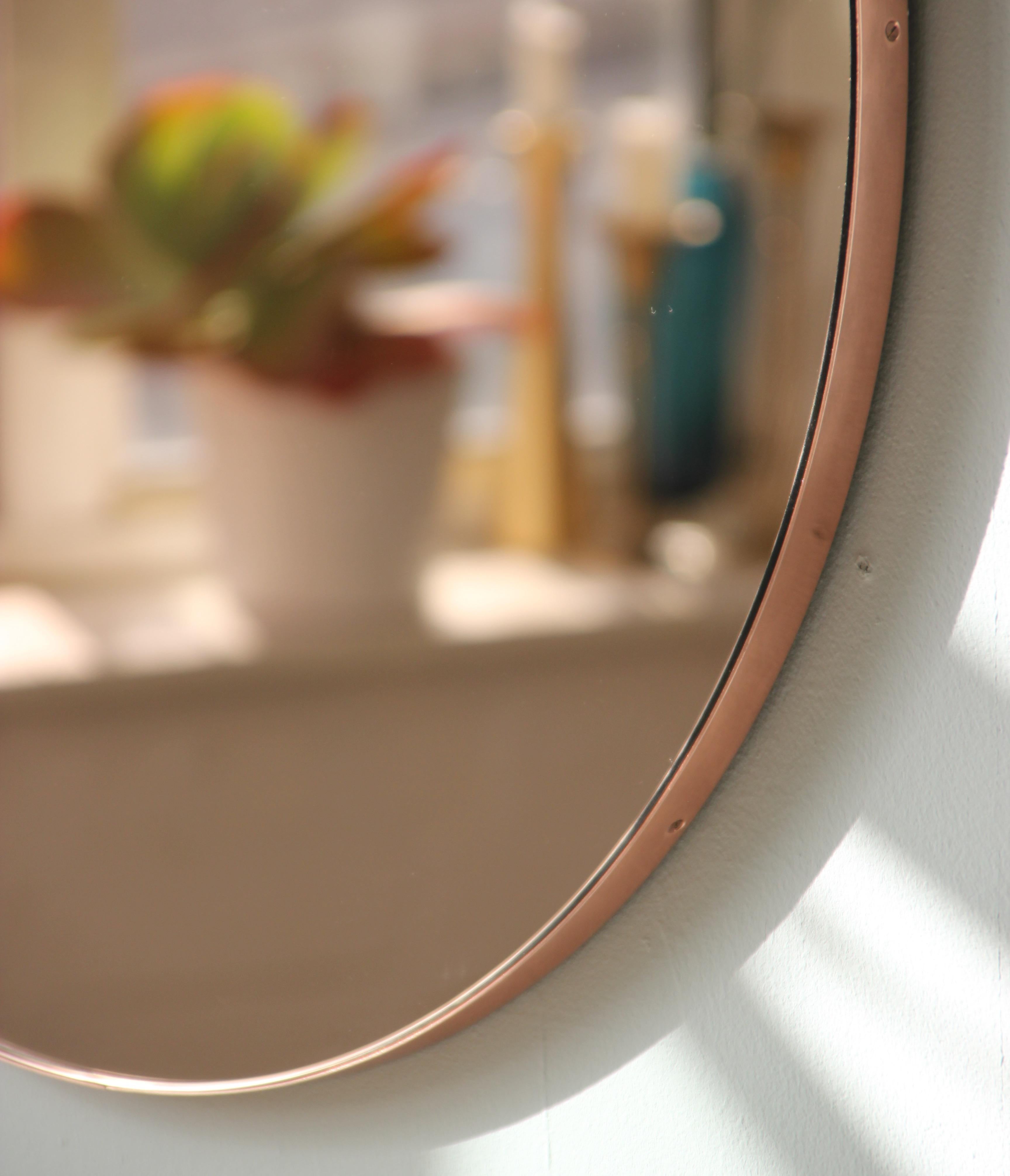 Orbis Rose Gold Tinted Round Minimalist Mirror with Copper Frame, Small For Sale 1