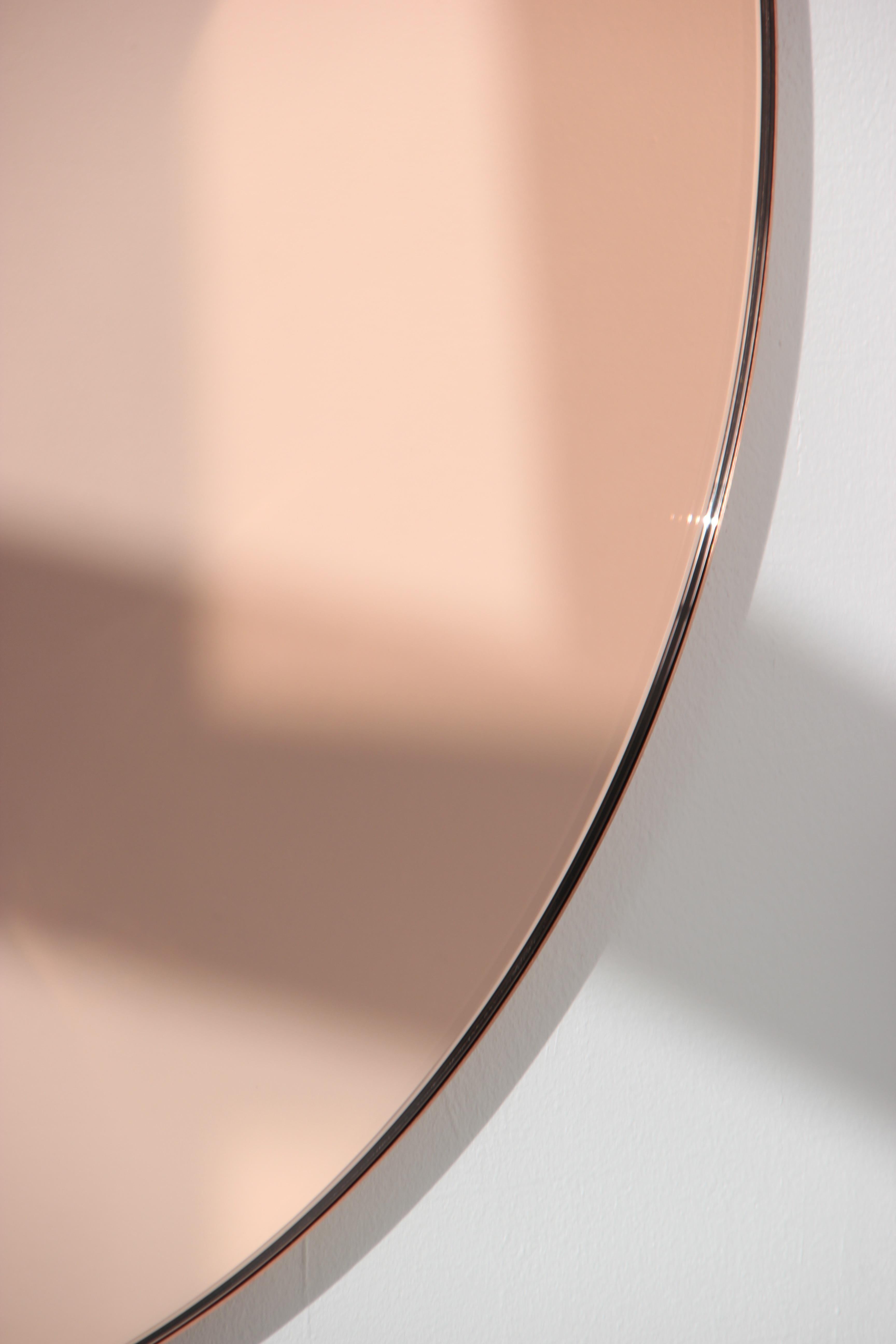 Brushed Orbis Rose Gold Tinted Round Minimalist Mirror with Copper Frame, Small For Sale