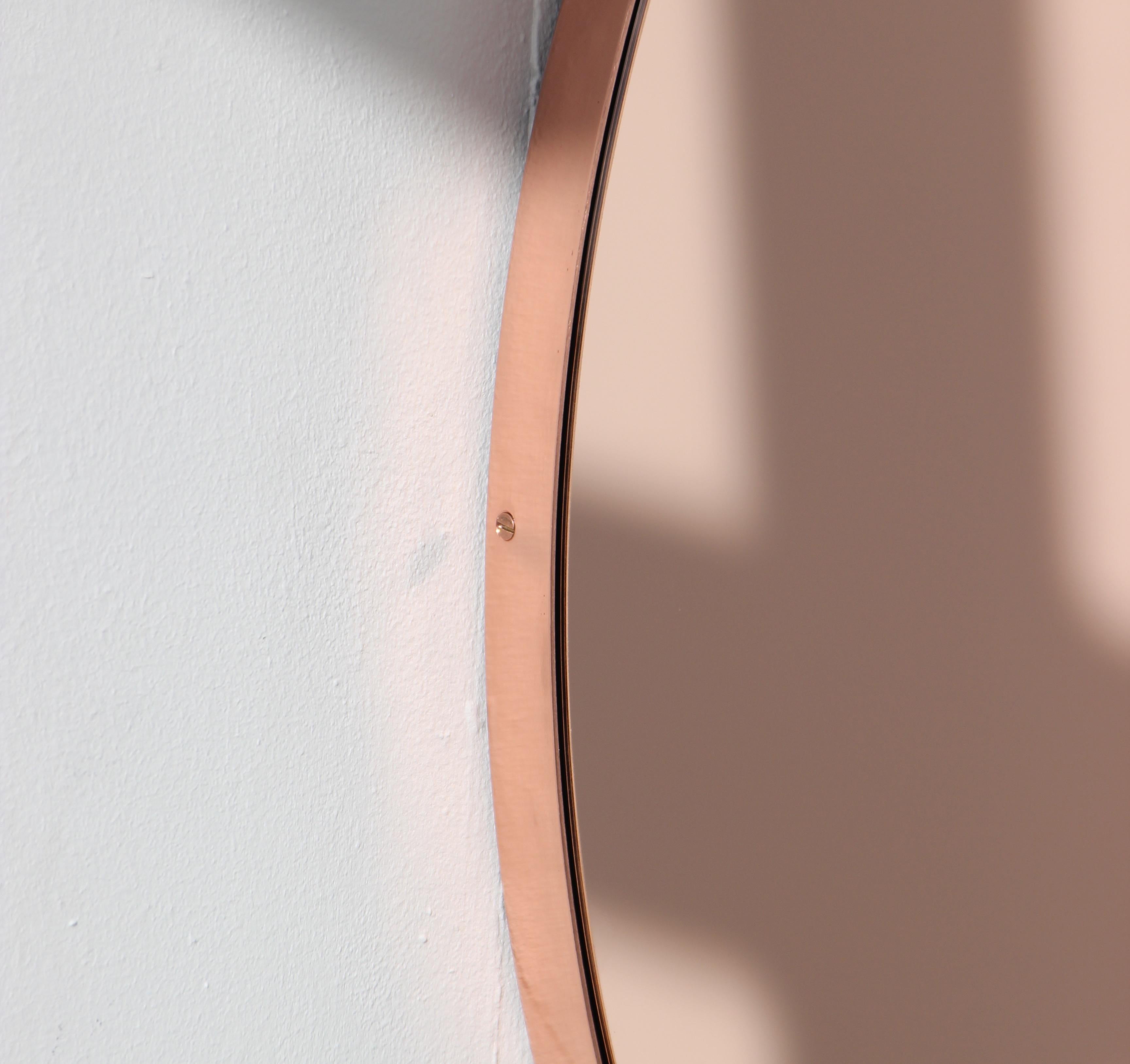 Brushed Orbis Rose Gold Tinted Round Minimalist Mirror with Copper Frame, Small For Sale