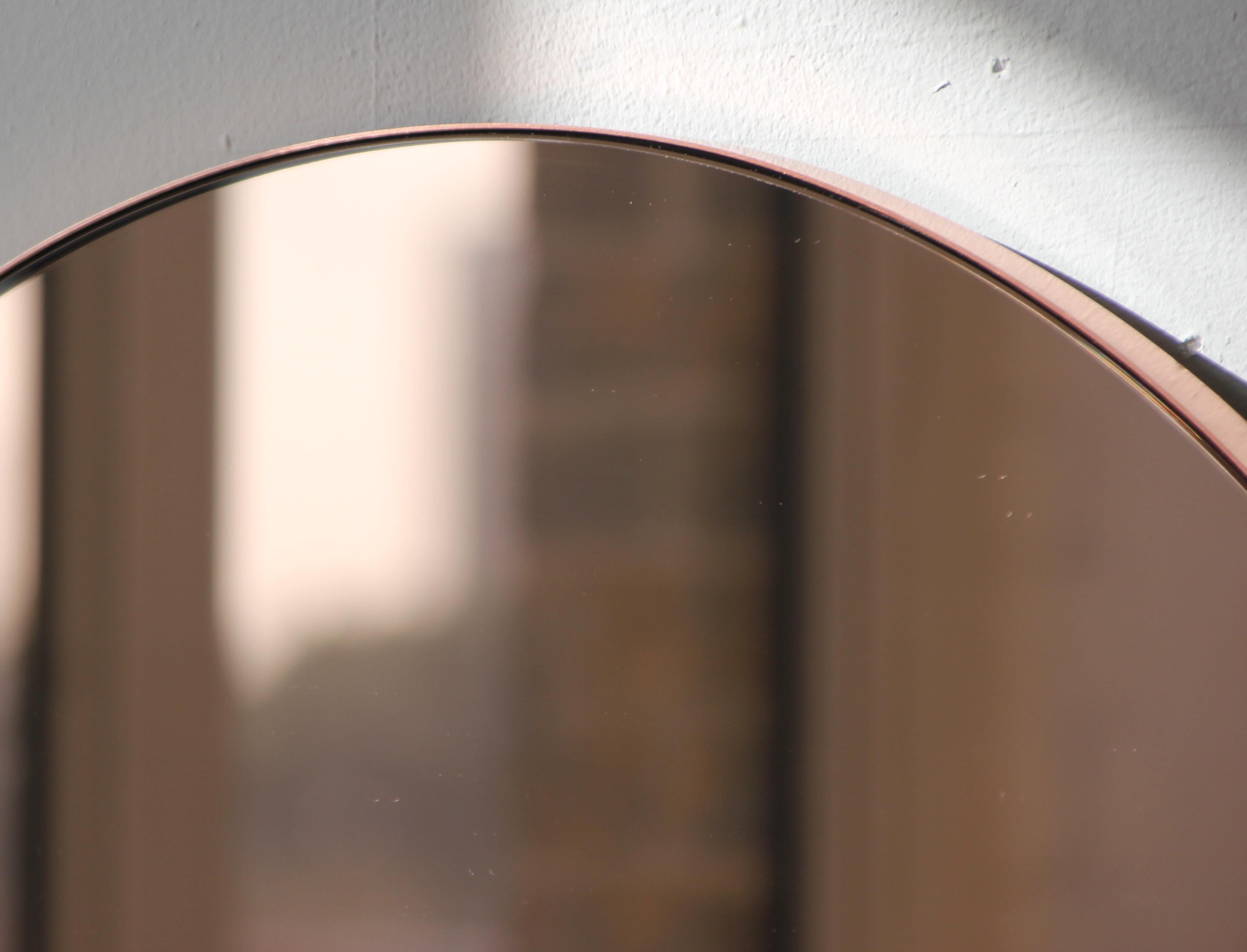 Orbis Rose Gold Tinted Round Minimalist Mirror with Copper Frame, Small In New Condition For Sale In London, GB