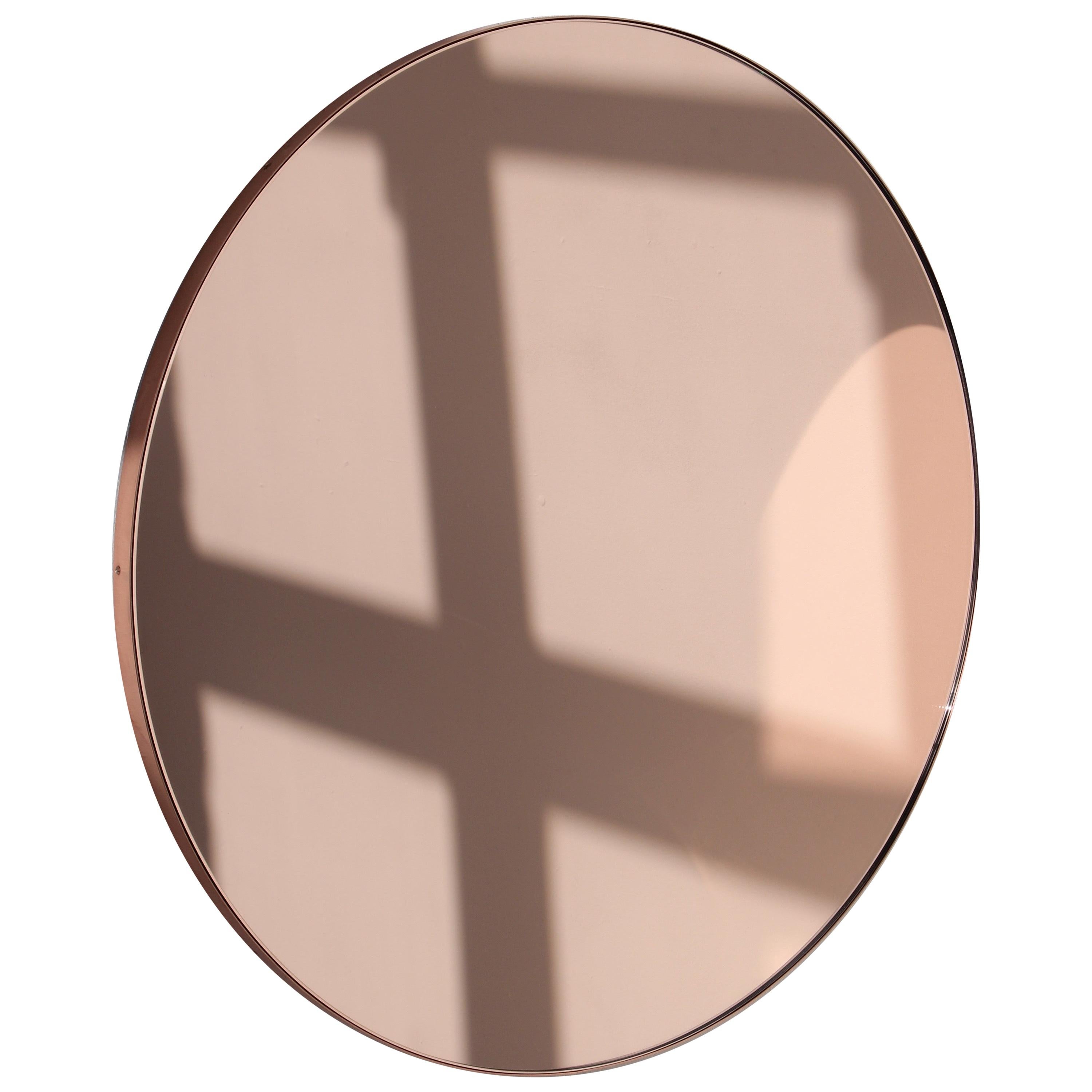 Orbis Rose Gold Tinted Round Minimalist Mirror with Copper Frame, Small For Sale