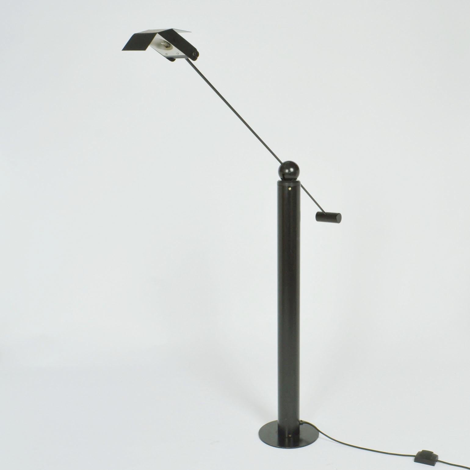 Minimalist Counterbalance Black Floor Lamp Attributed to Swiss Baltensweiler For Sale 1