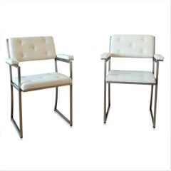Minimalist Creme White Stainless Steel Armchairs by Guy Lefevre, Maison Jansen