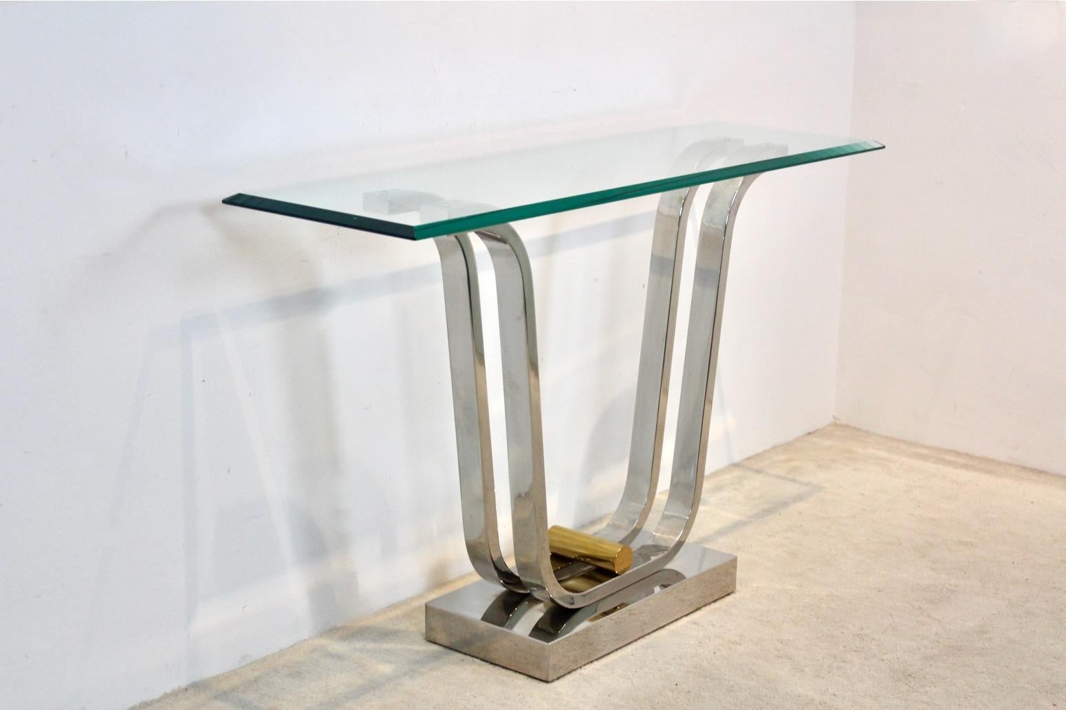 Minimalistischer Konsolentisch aus geschwungenem Edelstahl, Messing und Glas im Angebot 4