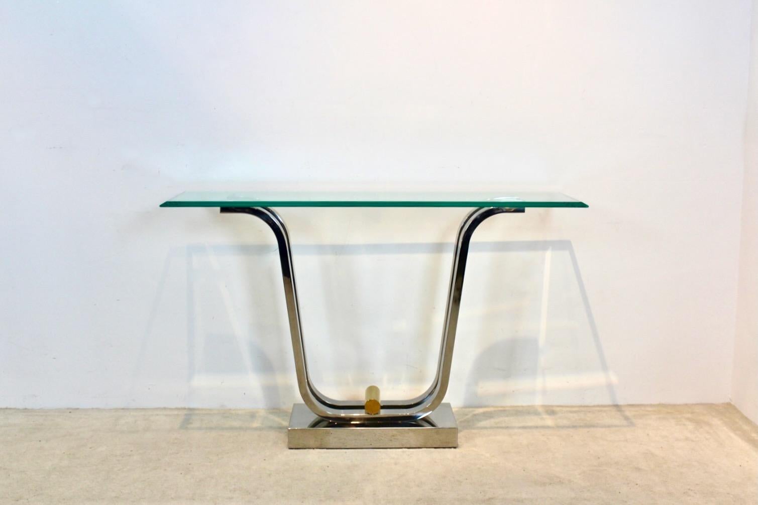 Minimalistischer Konsolentisch aus geschwungenem Edelstahl, Messing und Glas im Zustand „Gut“ im Angebot in Voorburg, NL