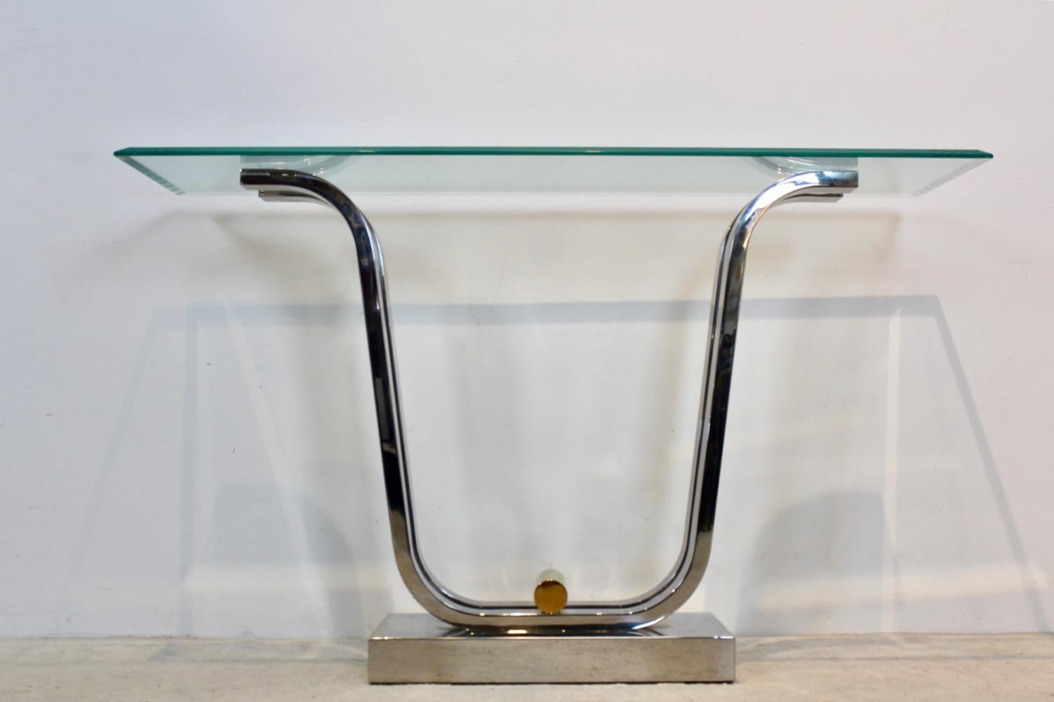 Minimalistischer Konsolentisch aus geschwungenem Edelstahl, Messing und Glas im Angebot 2