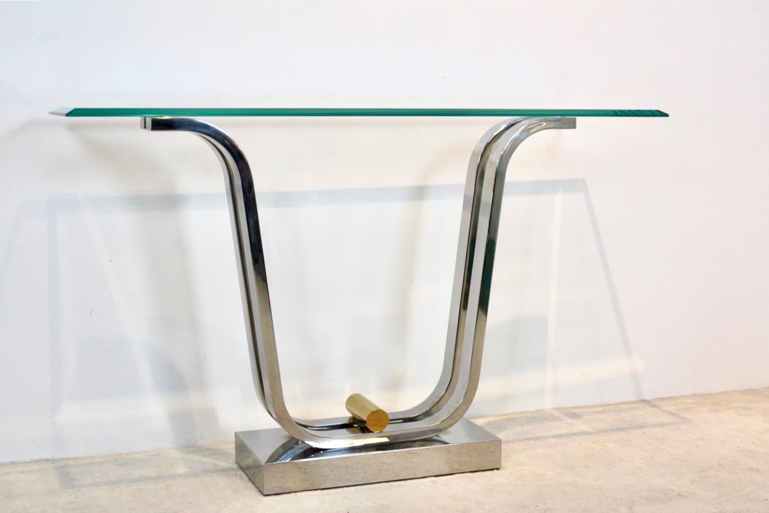 Minimalistischer Konsolentisch aus geschwungenem Edelstahl, Messing und Glas im Angebot 3