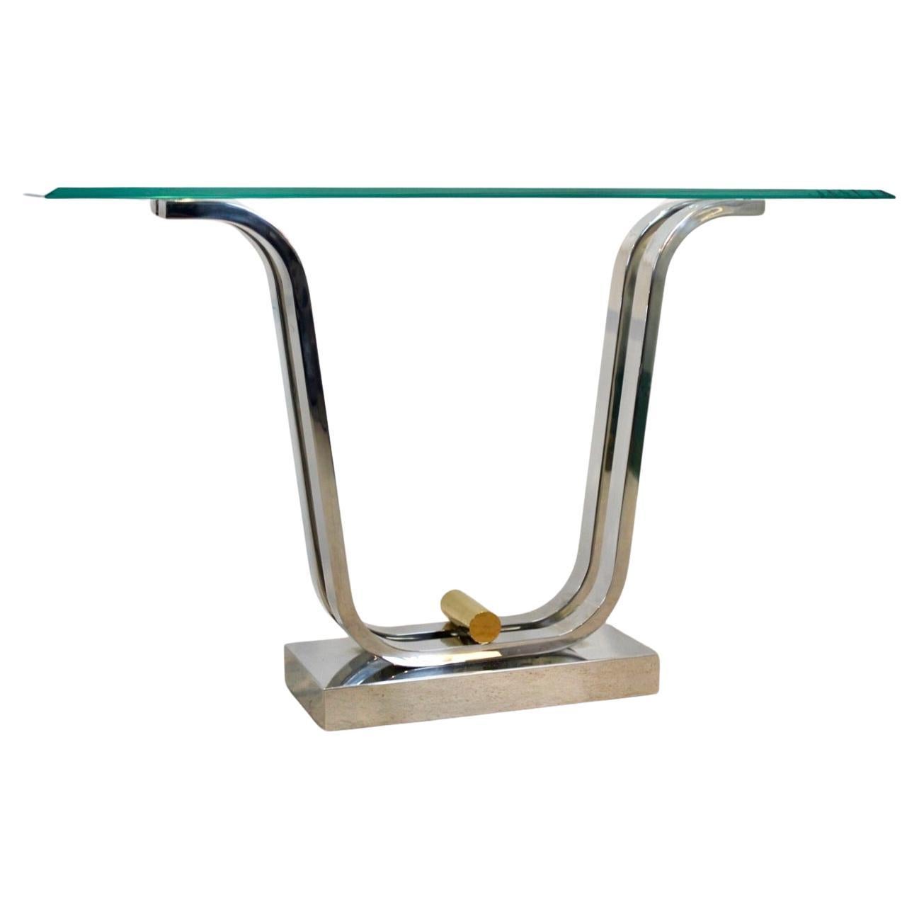 Minimalistischer Konsolentisch aus geschwungenem Edelstahl, Messing und Glas im Angebot