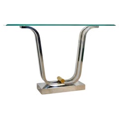 Minimalist Curvaceous Stainless-Steel, Brass and Glass Console Table