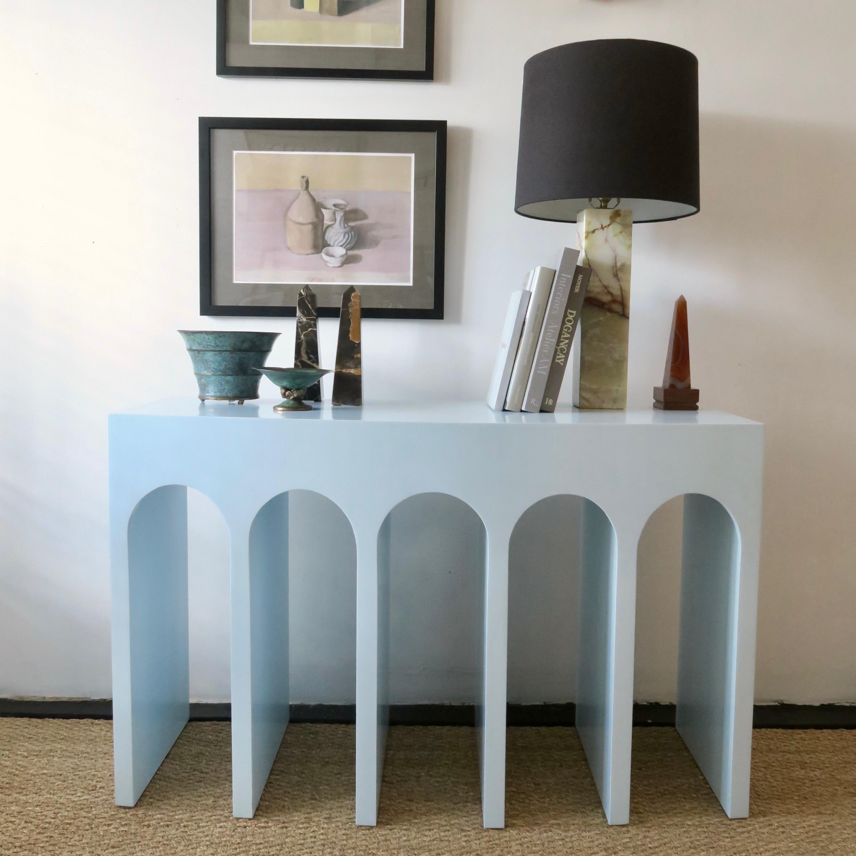 American Minimalist Curved Front Arcade Console in Lacquer on Oak by Martin and Brockett For Sale