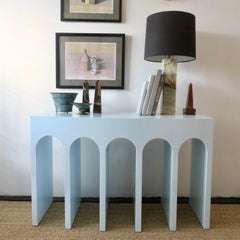 Minimalist Curved Front Arcade Console in Blue Fog on Oak by Martin and Brockett