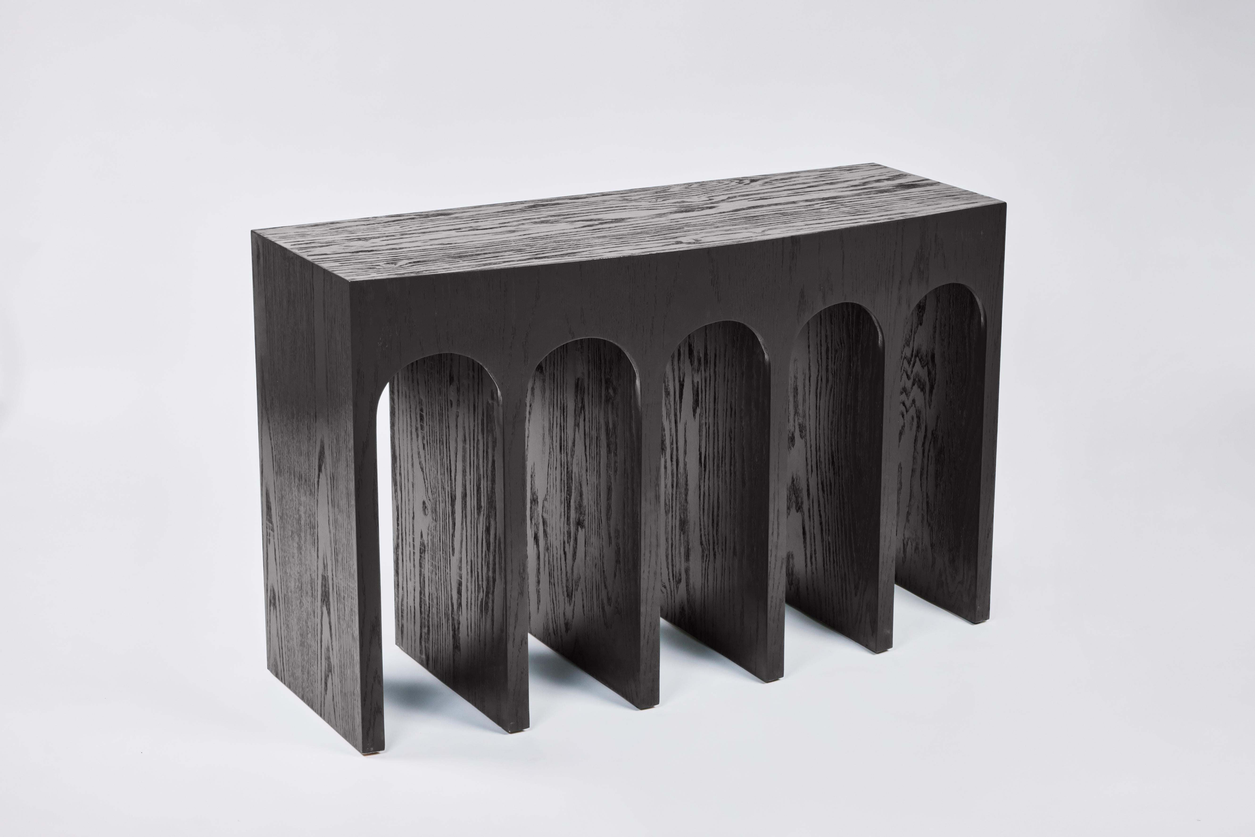 Minimalist Curved Front Console with Arches in Scrubbed Ebony 