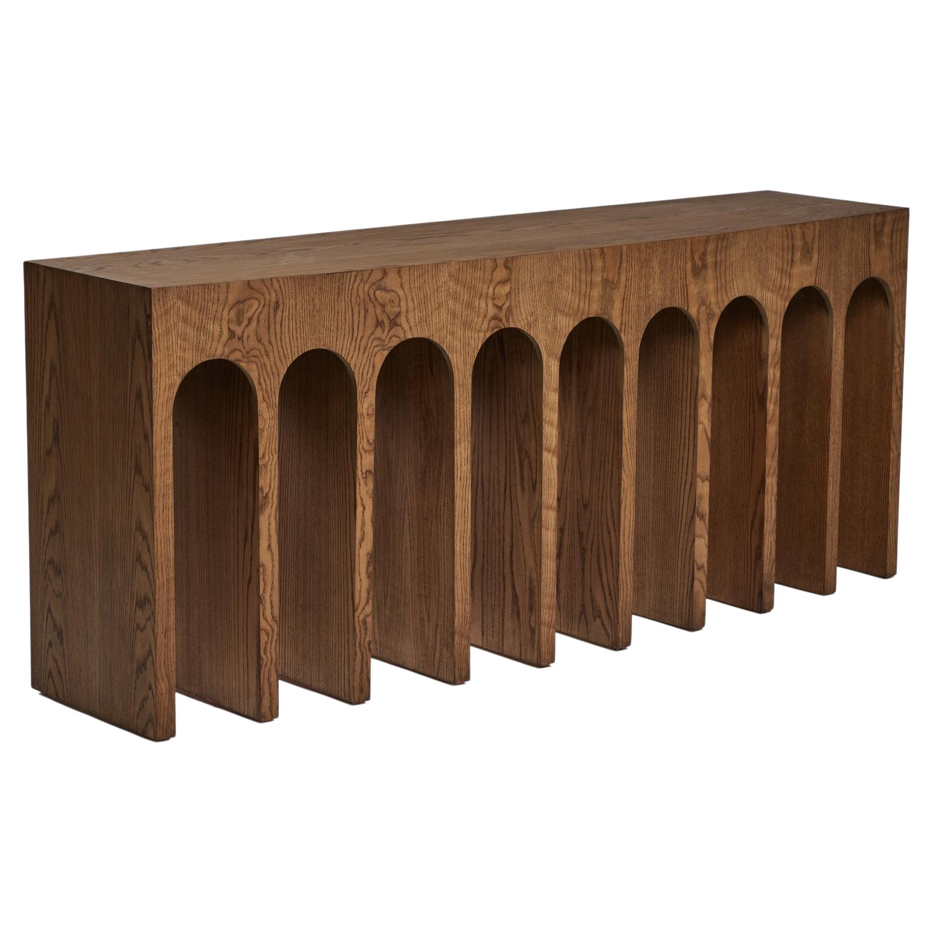 Minimalist Curved Front Console with Arches in Tanned Oak by Martin & Brockett