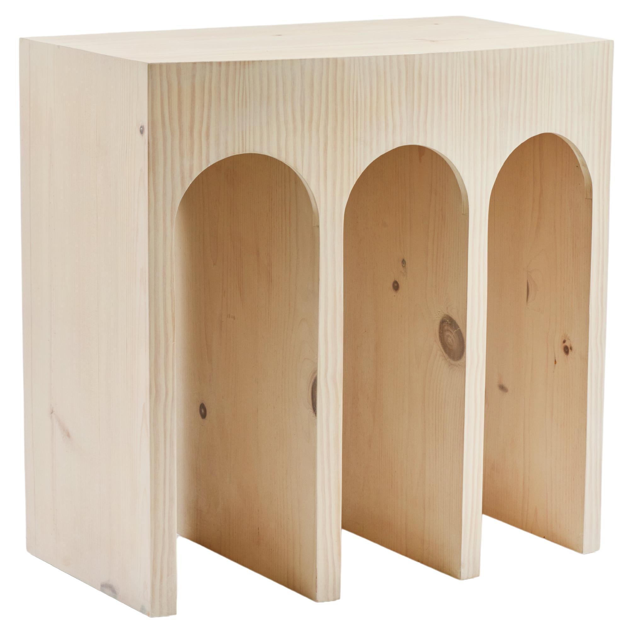 Minimalist Curved Front Pine Console with Arches in Soap on Pine Finish For Sale