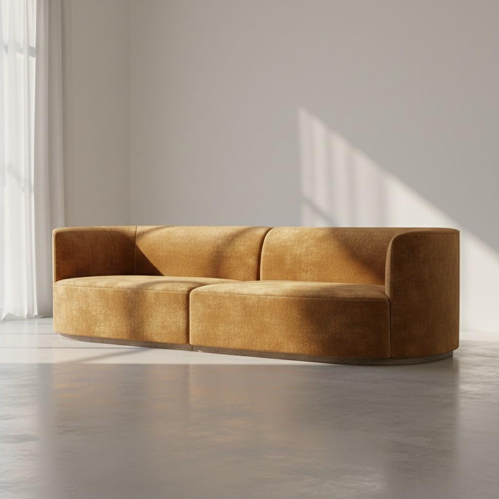 This sofa embodies a refined dialogue between geometry and softness. Its gently rounded profile creates an uninterrupted, fluid contour that wraps gracefully around the seating area, expressing quiet confidence and sculptural calm.

Upholstered in