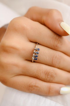 Dainty Round Cut Studded Blue Sapphire Ring 18k Solid White Gold