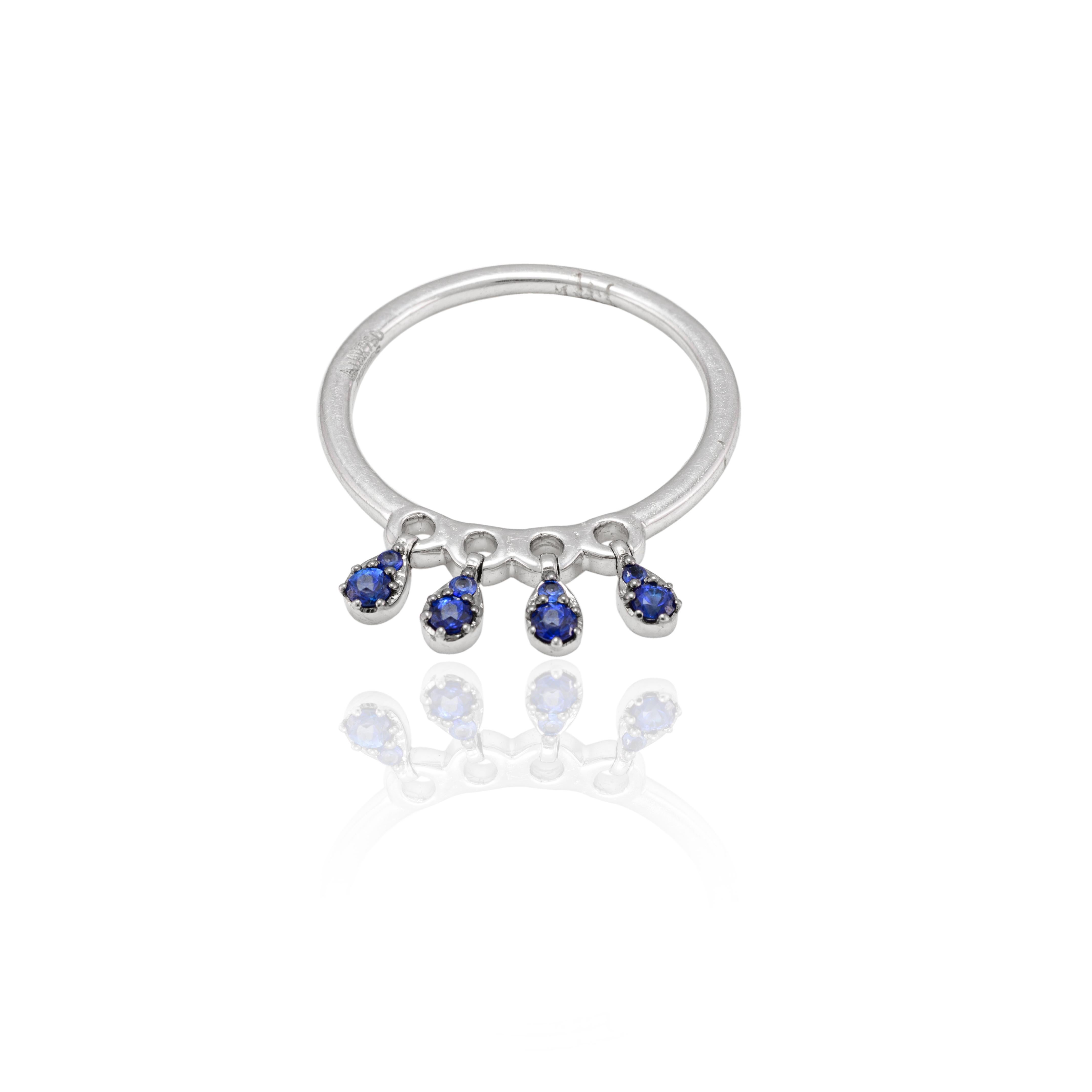 For Sale:  Dainty Round Cut Studded Blue Sapphire Ring 18k Solid White Gold 4