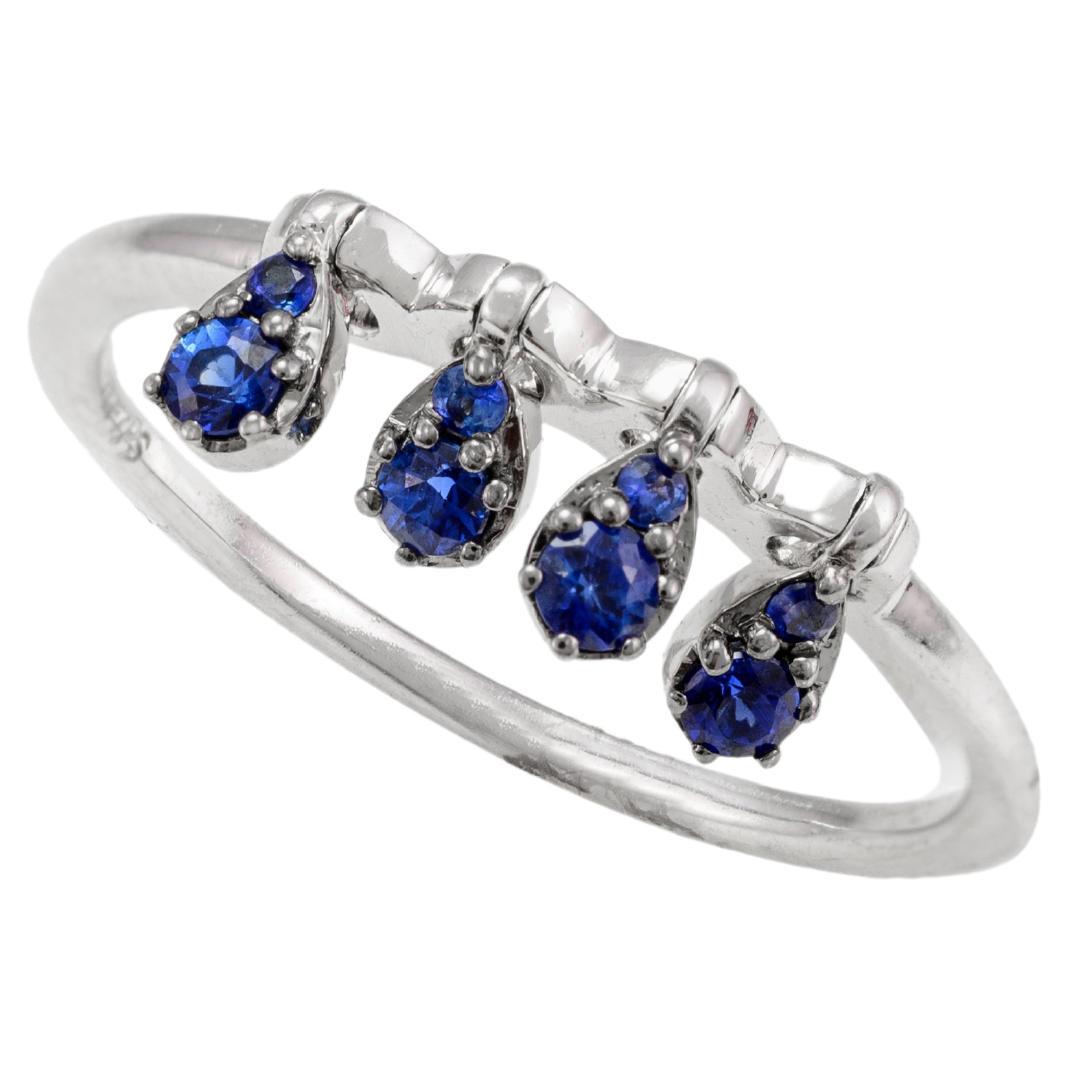 Dainty Round Cut Studded Blue Sapphire Ring 18k Solid White Gold