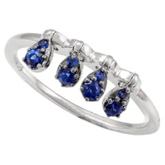 Dainty Round Cut Studded Blue Sapphire Ring 18k Solid White Gold