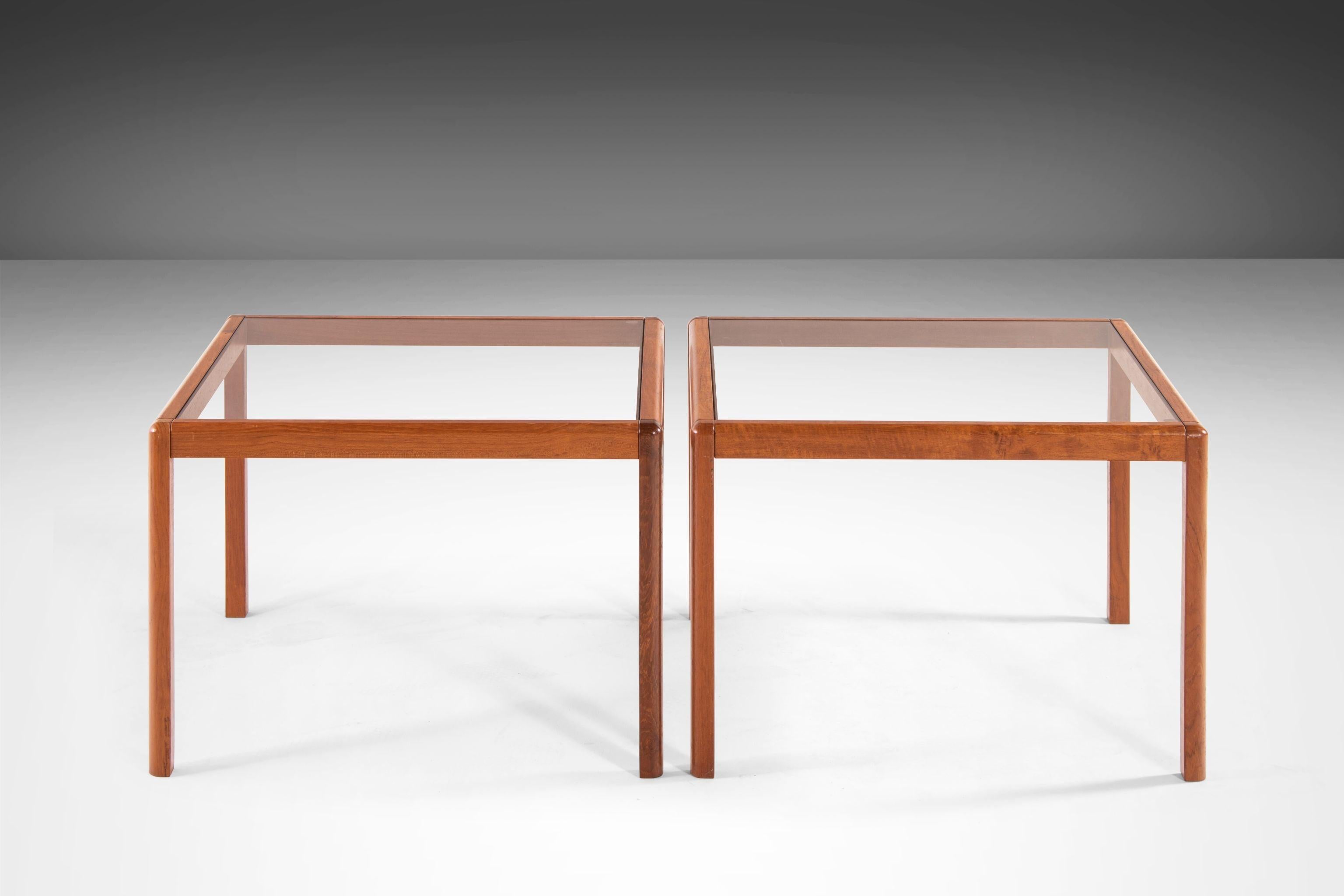 Minimalist Danish Modern Teak End Tables with Smoked Glass Tops, c. 1970's 1