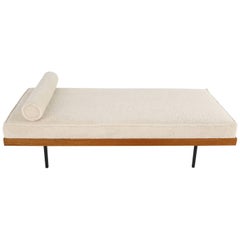 Vintage Minimalist Daybed, 1950s Midcentury Teak and Metal Teddy Bear Fur Sheepskin