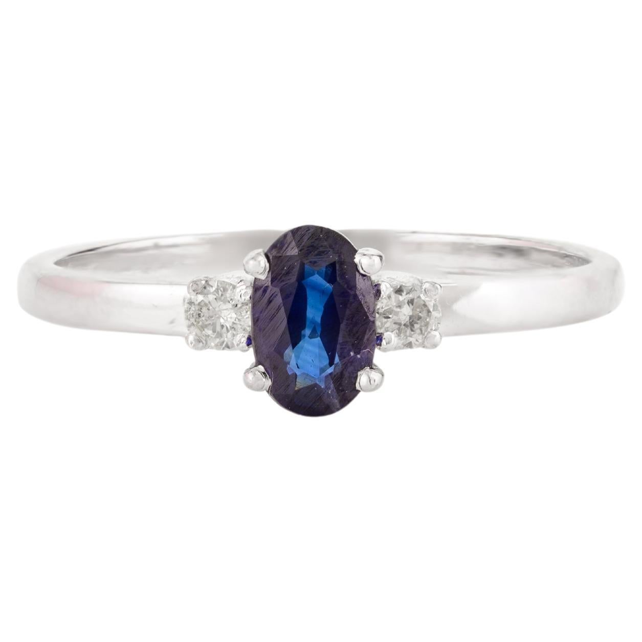 Minimalist Deep Blue Oval Sapphire and Diamond Everyday Ring in 14k White Gold