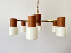 Minimalistisches Design 6-armiger Kronleuchter aus Glas und Teakholz von SSB, 1970er Jahre, Deutschland