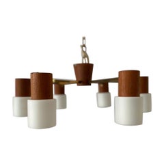 Minimalistisches Design 6-armiger Kronleuchter aus Glas und Teakholz von SSB, 1970er Jahre, Deutschland