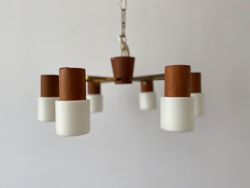 Minimalist Design Glass and Teak 6-armed Chandelier by SSB, 1970s, Germany